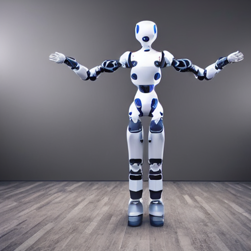A DSLR full body photo of an white with cyan stripes short sleek cybernetic humanoid child robot, arms outstretched straight horizontally t-pose, blank white featureless background, subject placed aligned in middle center of frame